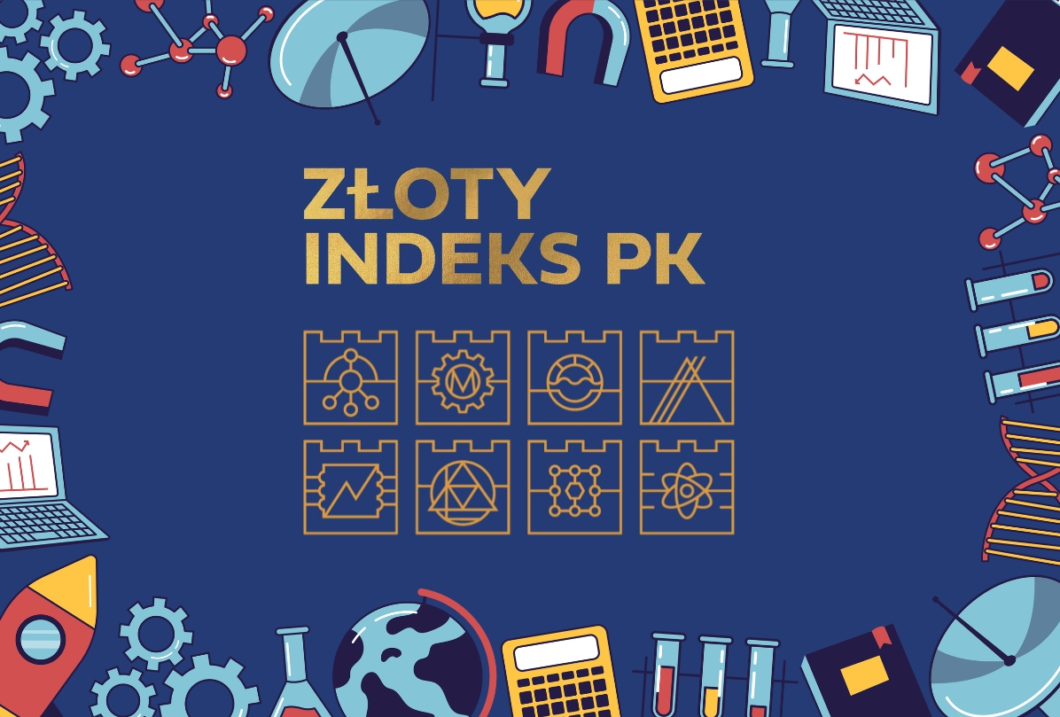Konkurs O Złoty Indeks PK — winieta Złoty napis na granatowym tle, sygnety wydziałów. Na krawędziach ikonki ilustrujące dziedziny nauk technicznych.